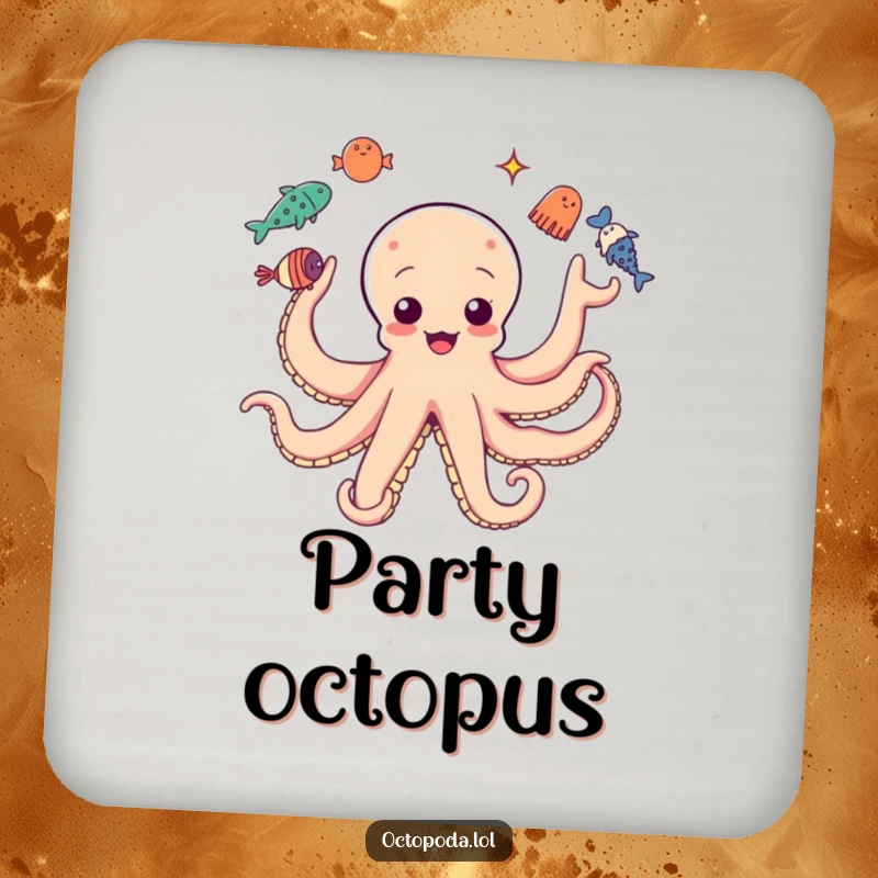 Funny coaster art of an octopus juggling sea creatures, protecting surfaces with marine humor.
