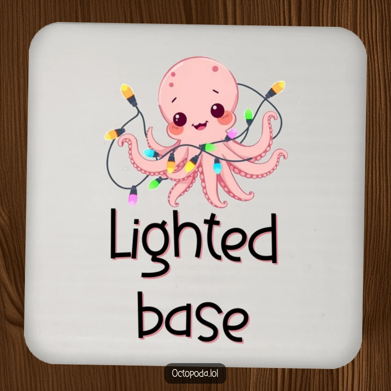 Funny drink coasters with a playful octopus comically tangled in colorful lights, adding festive humor to beverage service.