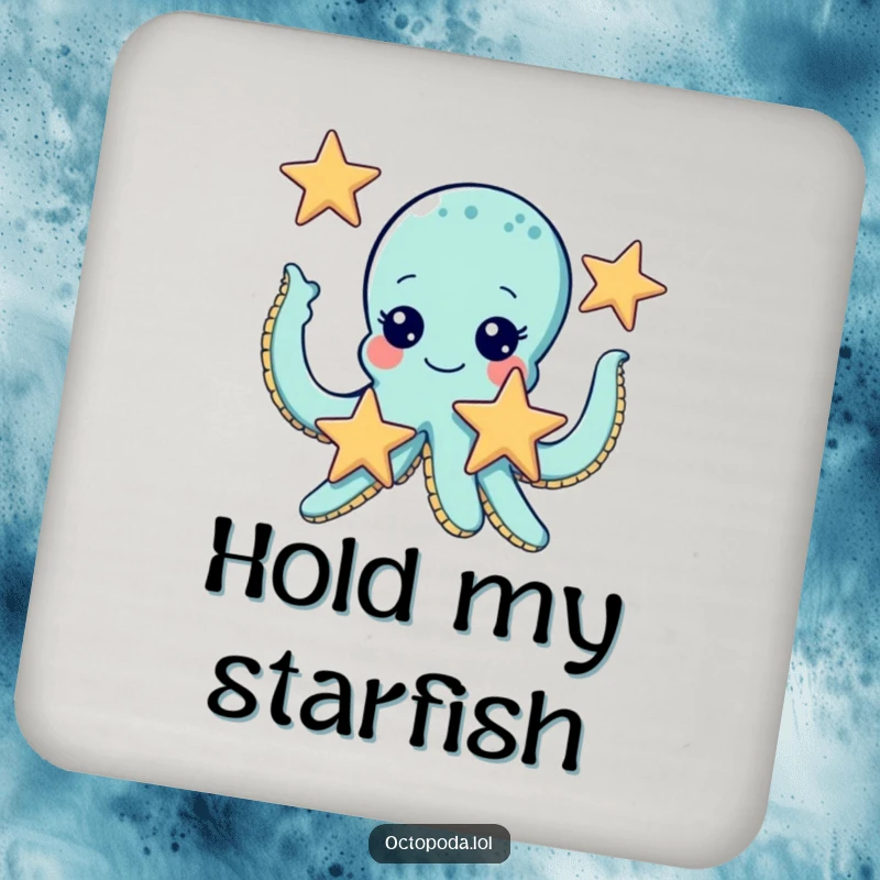 Funny coasters featuring a cute octopus with giggling eyes, juggling three starfish to protect surfaces with humor.