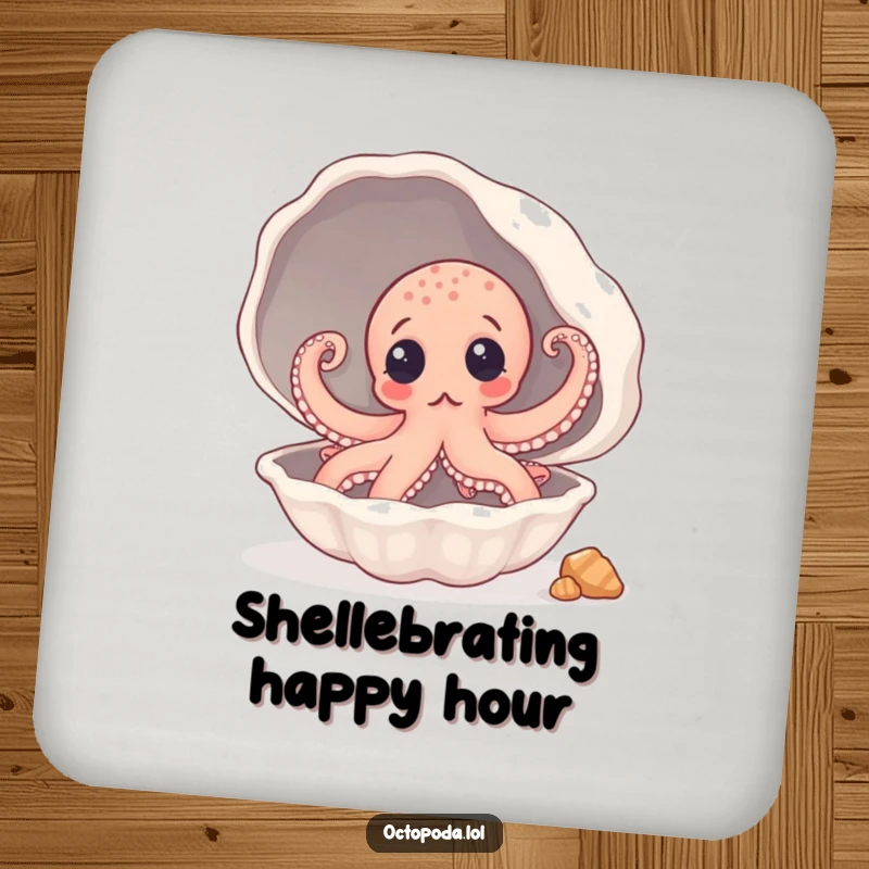 Funny Coaster: A surprised octopus peeking from a large seashell, offering a humorous touch to drinks.