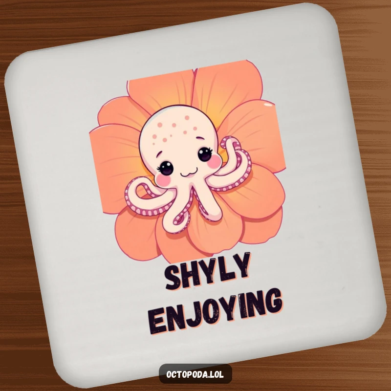 Funny Shy Octopus Drink Coaster: A humorous coaster featuring a shy octopus peeking from behind a flower, protecting surfaces with charm.