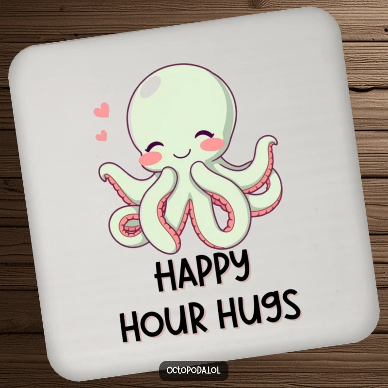 Funny Hugging Octopus Drink Coaster: A humorous coaster featuring a blushing octopus giving a big hug with all its tentacles, protecting surfaces.