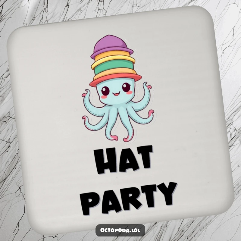 Funny Drink Coaster with a cheerful octopus character balancing seven colorful hats, adding fun to tables.