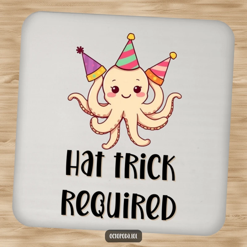 Funny Octopus Coaster: A smiling octopus comically tangled in party hats, protecting your surfaces with humor.