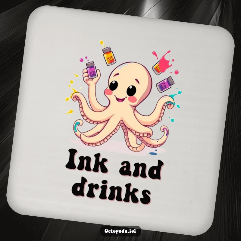 Funny Drink Coaster with a happy octopus juggling ink bottles, adding a splash of art and humor to your drinks.