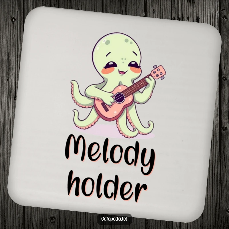 Funny drink coasters with a giggling octopus playing a tiny ukulele, adding a humorous and musical element to beverage service.
