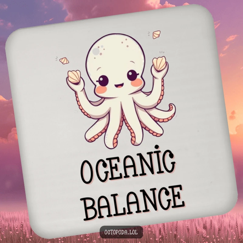 Funny octopus coasters featuring a playful octopus character juggling small seashells, adding a whimsical and protective touch.