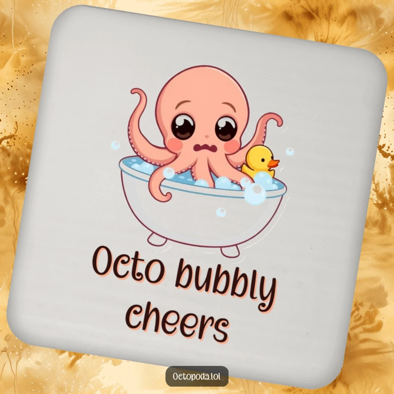 Funny Coasters: Surprised octopus with wide eyes leaps from a bubble bath with a rubber duck, adding splashy humor to protect surfaces.