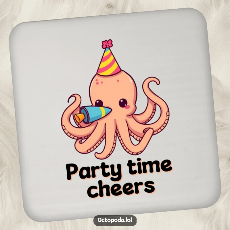 Funny Drink Coaster with a party octopus blowing a colorful horn, adding a festive touch to drinks.