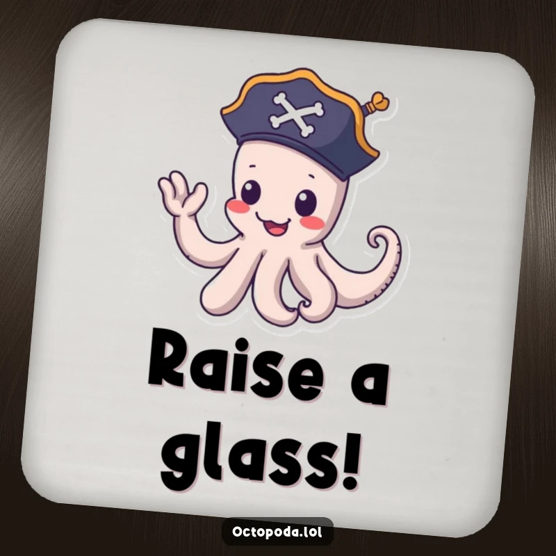 Funny pirate octopus coaster: a playful octopus in a pirate hat waves goodbye with a tentacle, protecting surfaces with charming and humorous design.