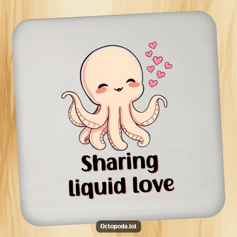 Funny drink coasters featuring a baby octopus blowing heart-shaped ink clouds, adding a whimsical and loving touch.