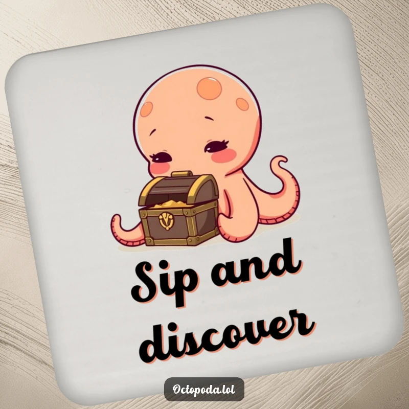 Funny octopus drink coasters, a curious cephalopod sniffing a tiny treasure chest, protecting surfaces with humorous, adventurous style.