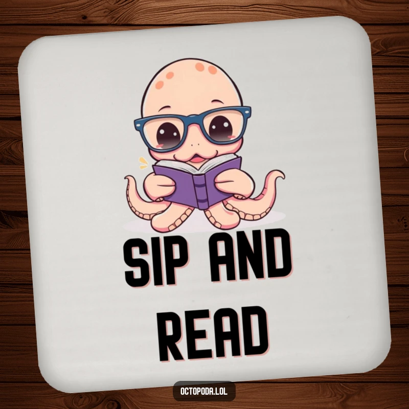 Funny Octopus Reading Drink Coaster: A humorous coaster featuring an octopus with glasses reading a tiny book, protecting surfaces with style.