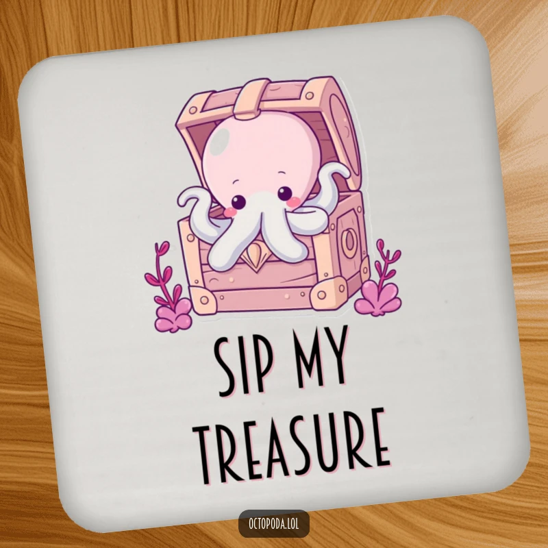 Funny Chubby Octopus Coasters: A chubby octopus peeking from a bubbly treasure chest, protecting your tables with adorable mystery.