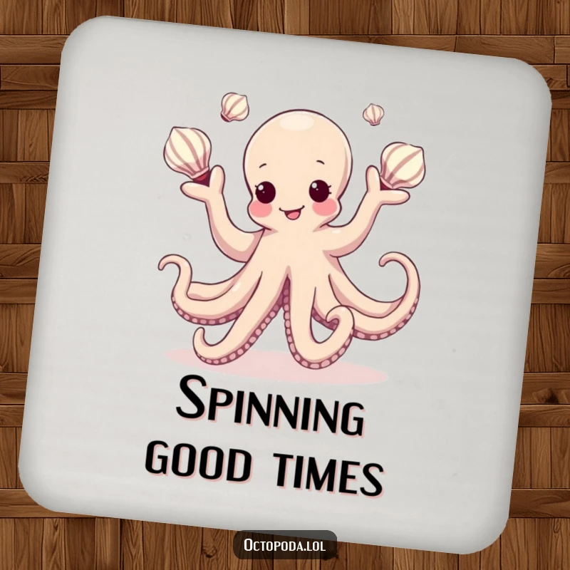 Funny Kawaii Octopus Coaster featuring a cephalopod artistically juggling seashells, a functional and decorative piece for any table.