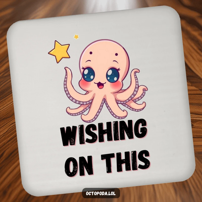 Funny drink coaster: an excited octopus reaching for a floating, shimmering star, perfect for protecting surfaces with a touch of aspiration.