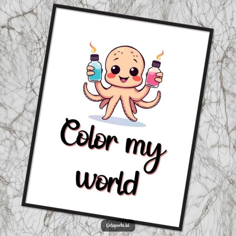 Funny poster showing a happy octopus juggling three colorful ink bottles, perfect for adding a creative and humorous touch to walls.