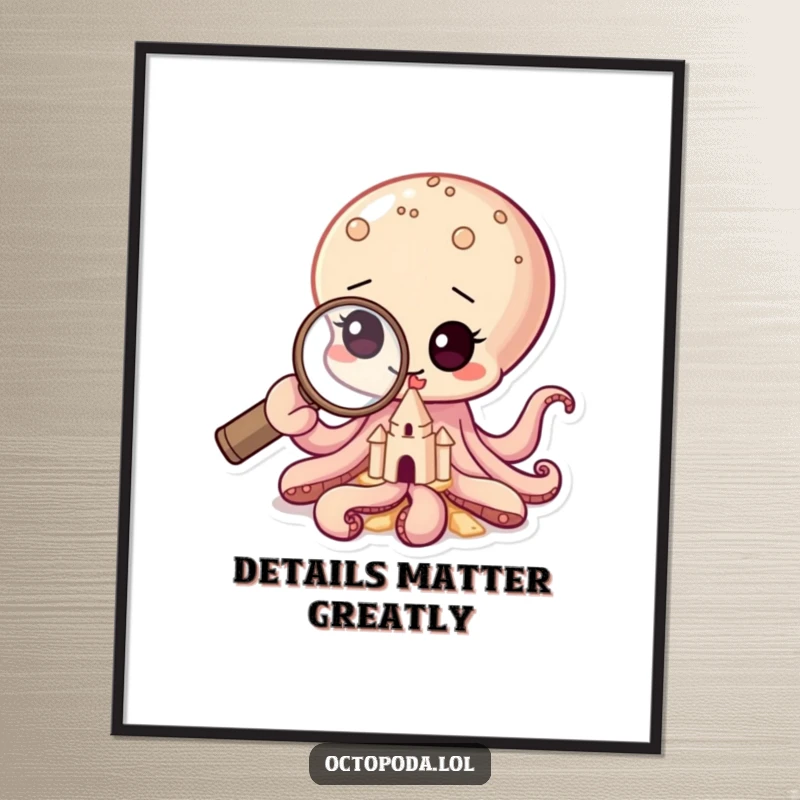 Funny poster of a baby octopus using a magnifying glass to inspect a tiny sandcastle, evoking a sense of childhood wonder.