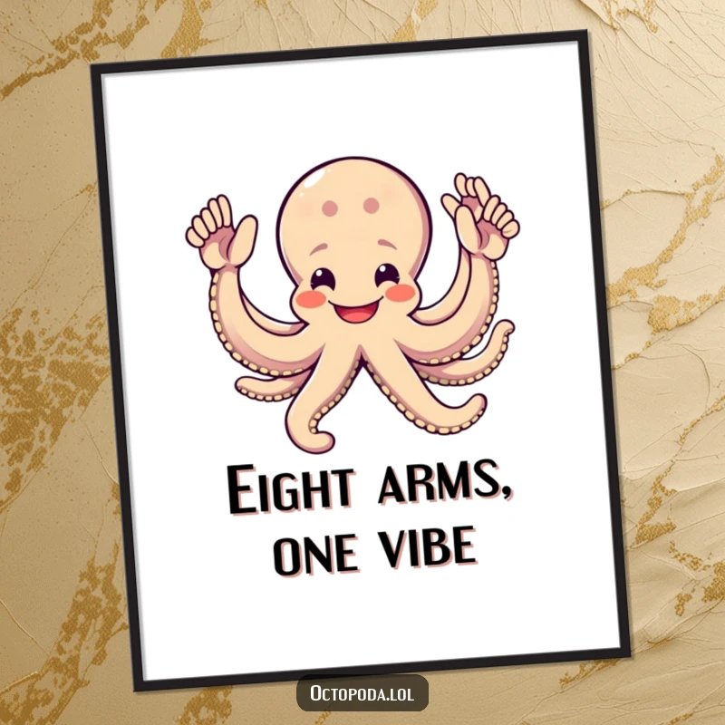 Funny Octopus Poster: A delightful octopus with a wide smile, its eight arms extended for enthusiastic high-fives, bringing joy to any wall.
