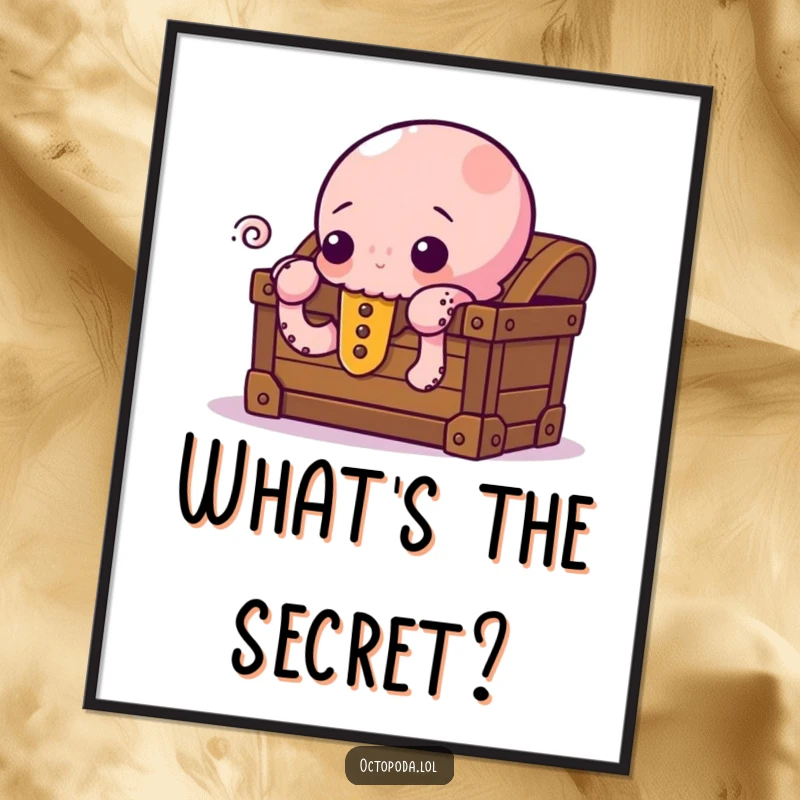 Funny Poster depicting a curious octopus peeking from behind a treasure chest, adding a humorous and intriguing touch to wall decor.