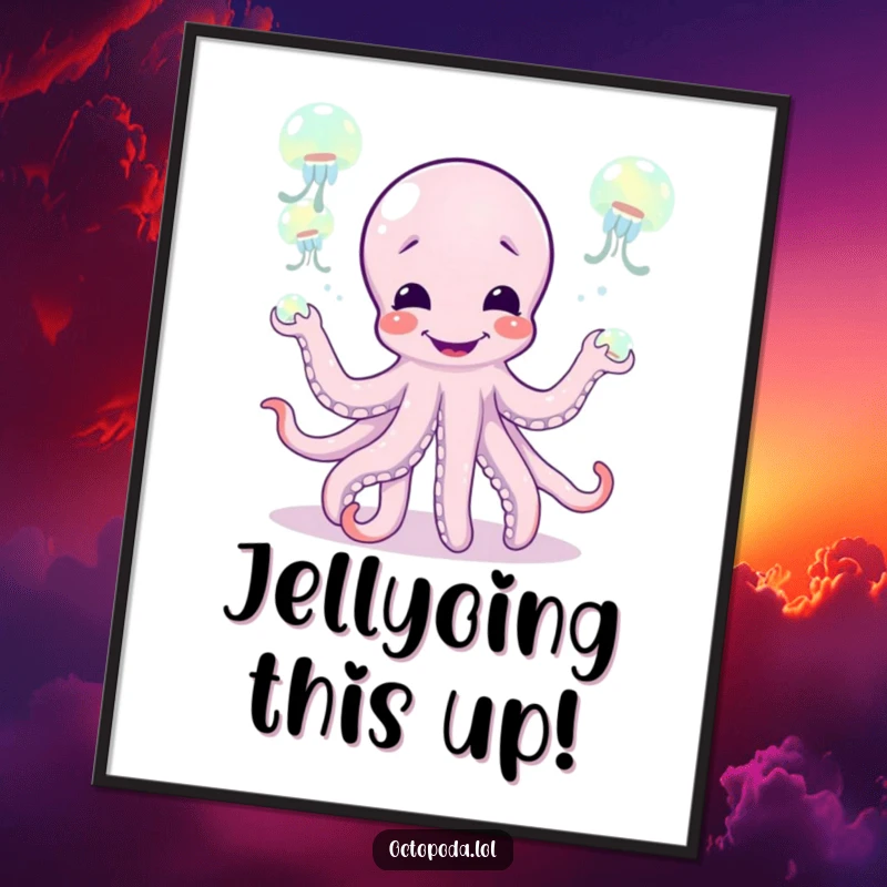 Funny poster print of a giggling octopus character juggling luminous jellyfish, creating a vibrant and humorous piece of wall art.