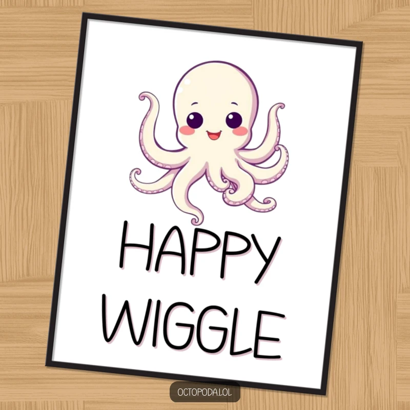 Funny Poster of a smiling octopus with big googly eyes, doing a joyful dance with its tentacles flailing.