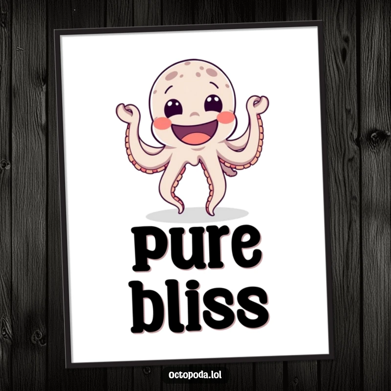 Funny Poster showcasing a happy octopus in a celebratory dance pose with a wide grin, radiating pure delight and playful energy.