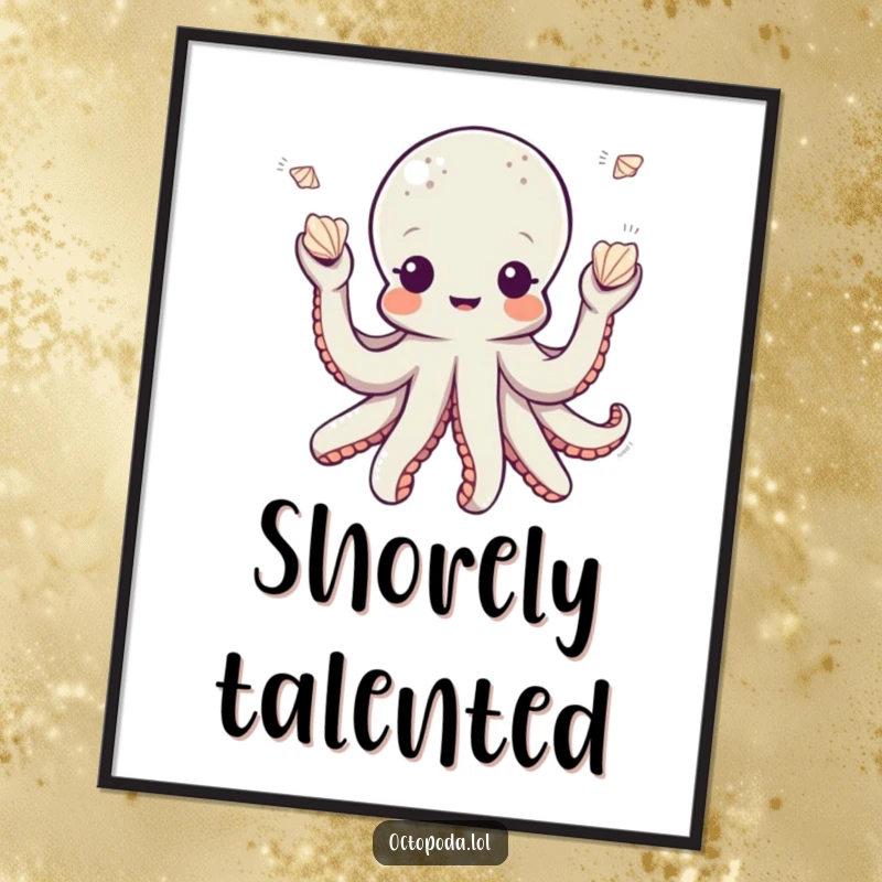 Funny octopus poster showcasing a playful octopus character juggling small seashells, perfect for whimsical and ocean-themed decor.