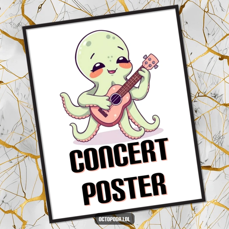 Funny poster artwork of a smiling octopus playing a tiny ukulele with all its limbs, a whimsical and musical wall art.