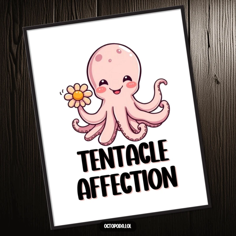 Funny poster print of a happy octopus character offering a single flower with a tentacle, bringing a touch of joy.