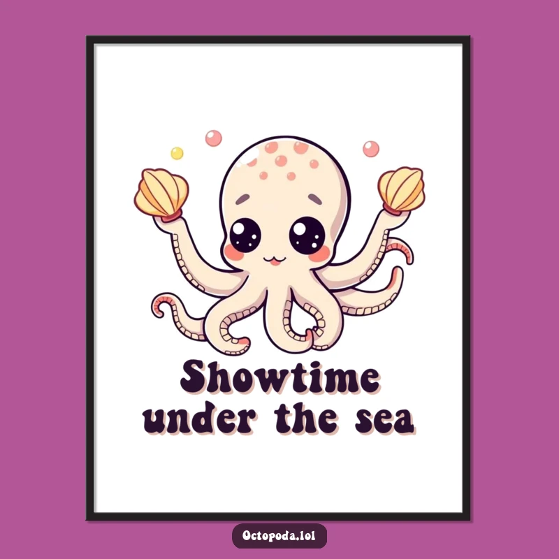 Funny Octopus Googly Eyes Juggling Seashells Poster, Whimsical Wall Art Gift