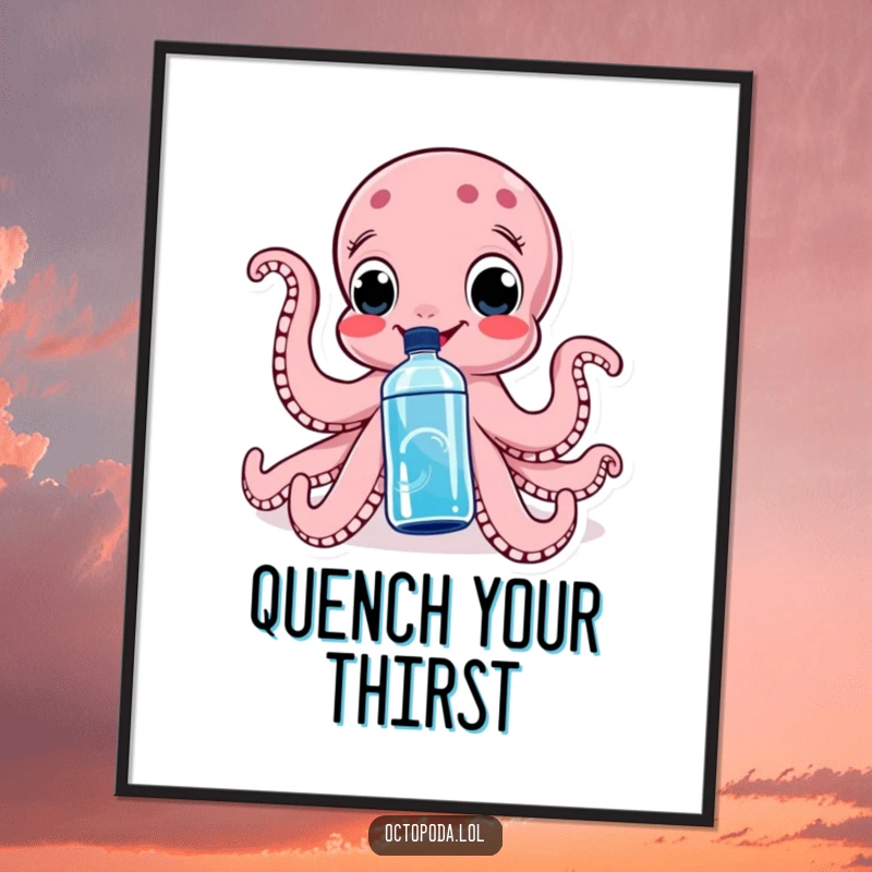 Funny poster showing a happy octopus squeezing a water bottle, perfect for adding a humorous and dynamic touch to wall art.