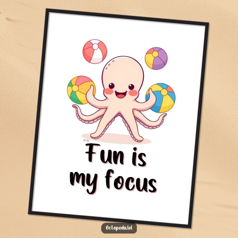 Funny Octopus Poster: a smiling octopus juggling colorful beach balls with its tentacles, bringing beach fun art.
