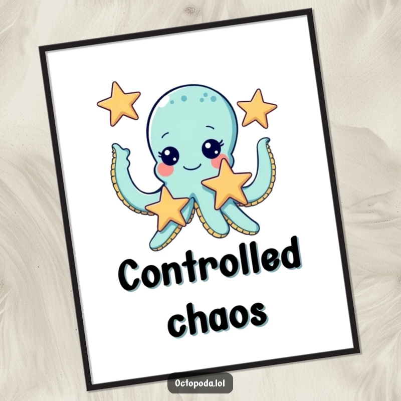 Funny poster featuring a cute octopus with delighted giggling eyes, juggling three starfish in a whimsical underwater display.