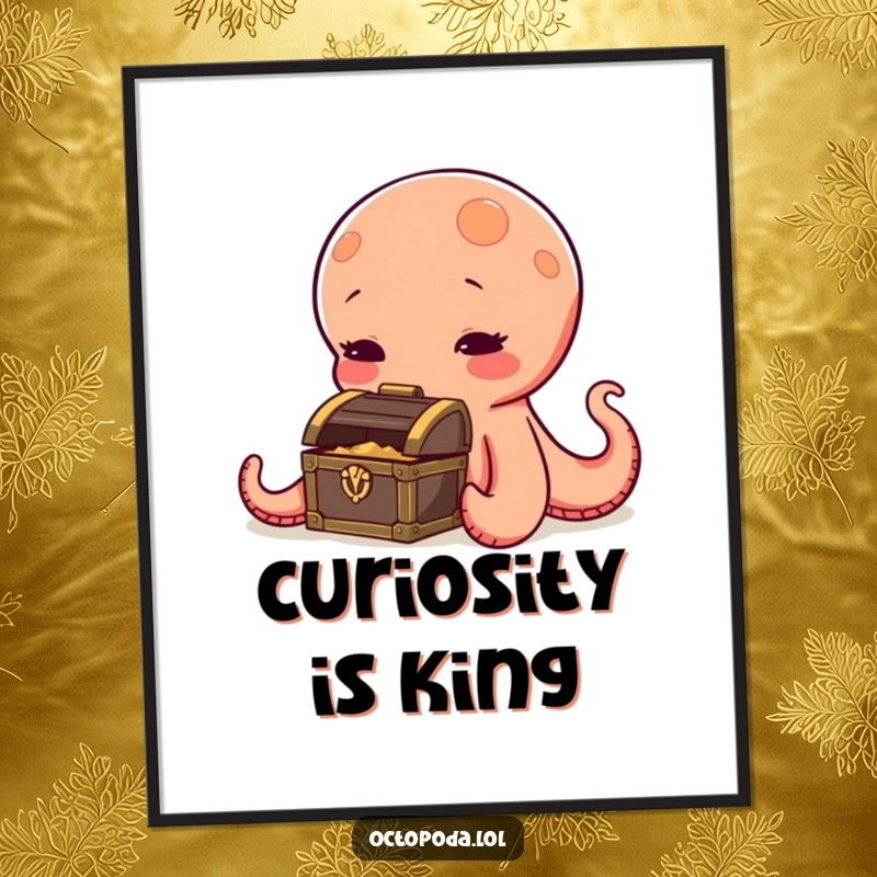 Funny octopus poster, a curious cephalopod examining a miniature treasure chest, full of wonder, a humorous piece of wall art.
