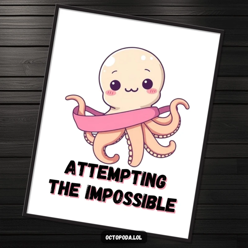 Funny poster: an octopus cheerfully attempting to wrap itself in an impossibly long, continuous ribbon, creating a visually funny and relatable scene.