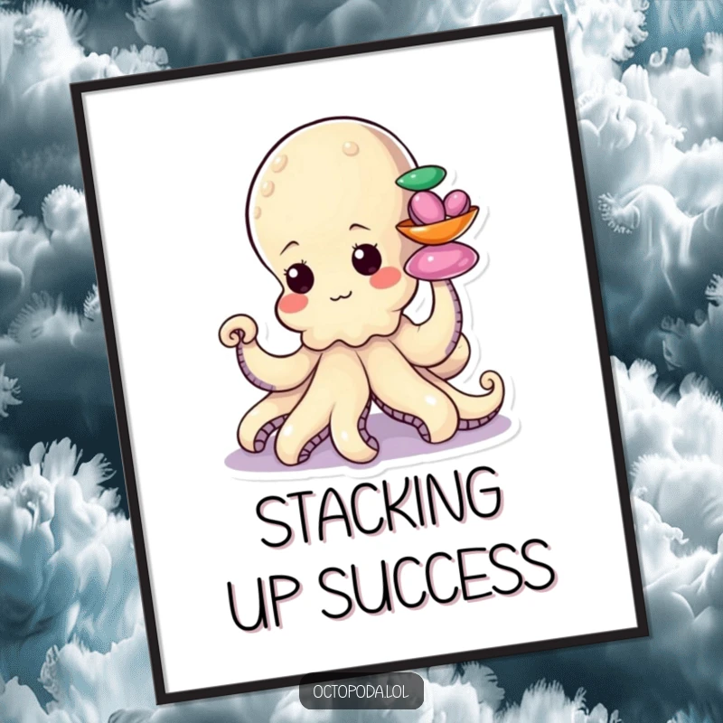 Funny poster art of a determined little octopus character, using a tentacle to stack colorful shiny shells, nautical decor.