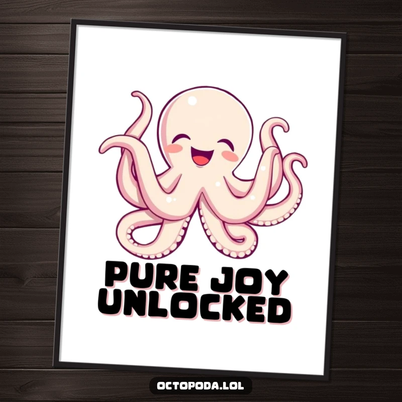 Funny poster of an octopus joyfully wiggling its many tentacles, capturing a moment of pure, unadulterated bliss.