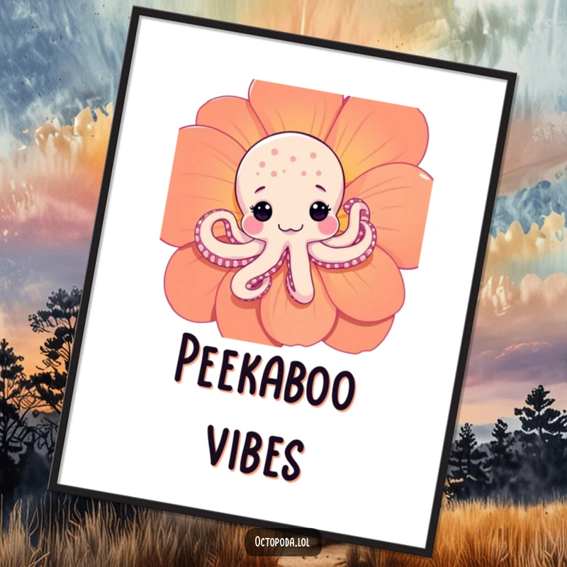 Funny Shy Octopus Poster: A humorous art print of a shy octopus peeking out from behind a large, bright flower, emitting quiet charm.