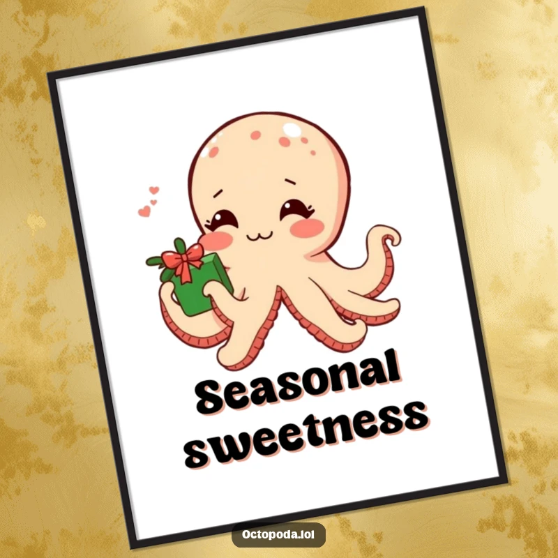 Funny poster depicting a shy octopus blushing and offering a gift wrapped in seaweed, creating a heartwarming scene.