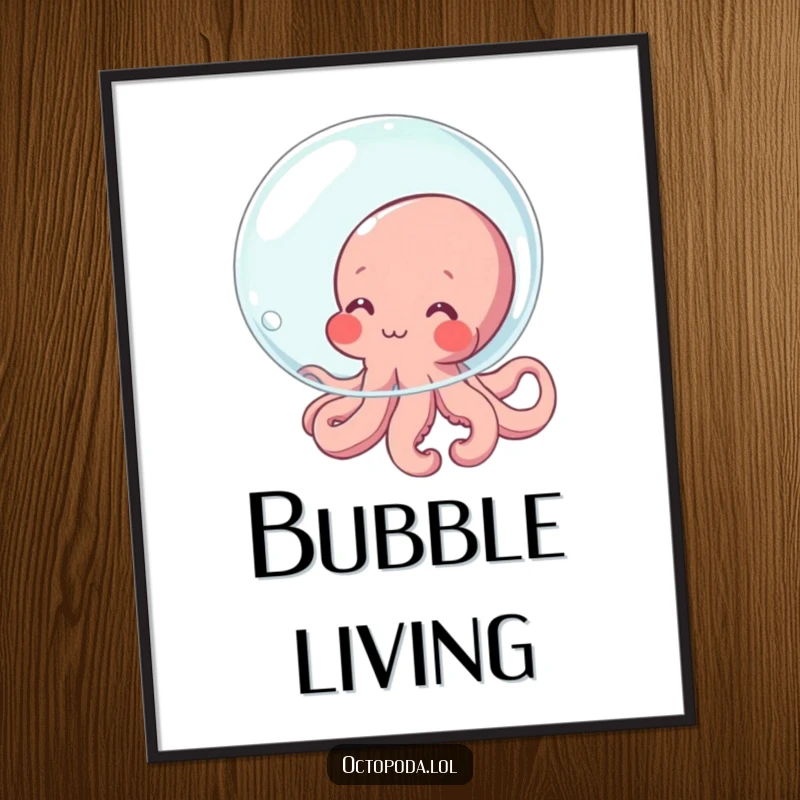Funny Octopus Poster displaying a shy, blushing octopus character attempting to conceal itself behind a large bubble, adding humorous wall decor.