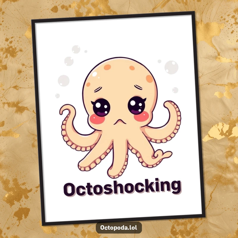 Funny poster depicting a comically surprised octopus with enlarged eyes, floating playfully in a bubbly aquatic environment.
