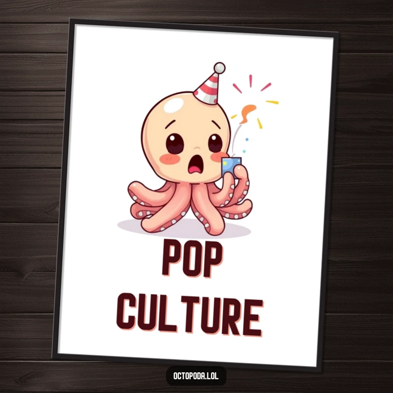Funny Octopus Poster: A cute baby octopus character with wide eyes recoiling from a popping party popper, full of surprise.