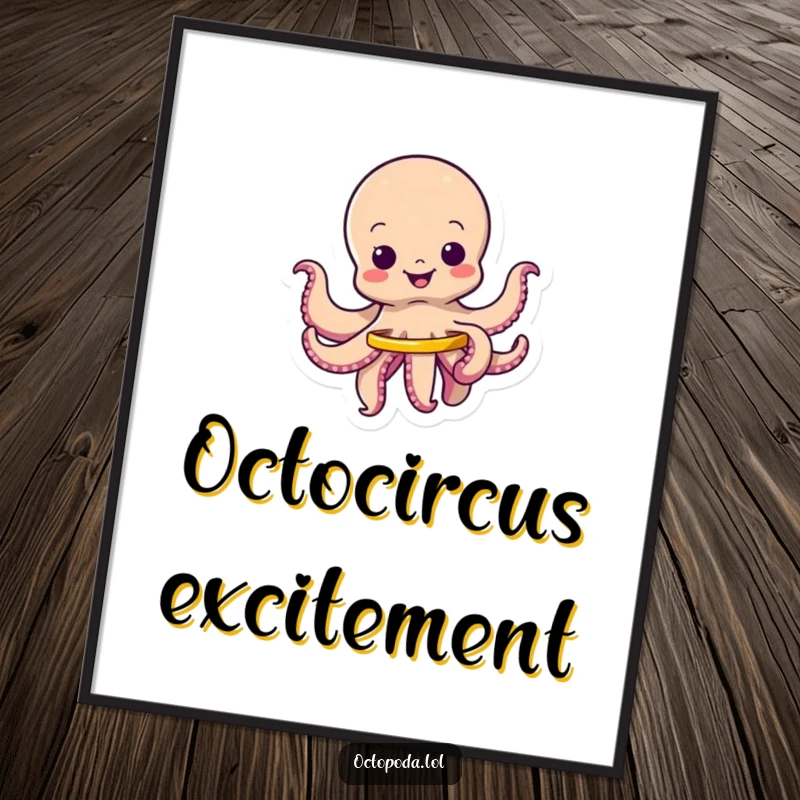 Funny poster of a wiggling octopus character happily spinning a small hula hoop, bringing dynamic humor to decor.