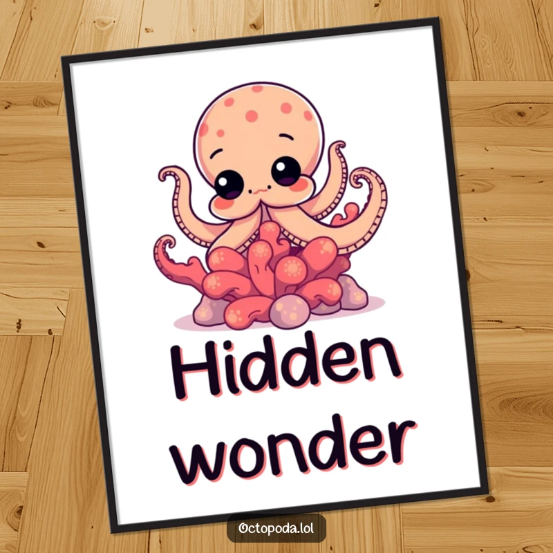 Funny poster illustrating a curious octopus peeking playfully from behind a vividly colored coral, inviting a sense of wonder.