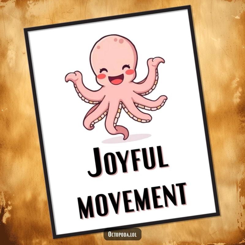 Funny poster of a happy octopus with a wide grin, enthusiastically dancing with its many arms in a fluid circular pattern.