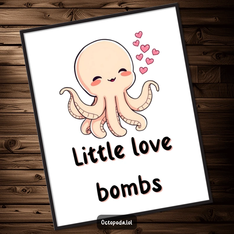 Funny poster of a mischievous baby octopus blowing heart-shaped ink clouds, perfect for adding a touch of playful romance.