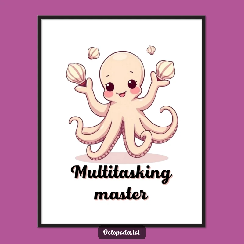 Funny Kawaii Octopus Juggling Seashells Poster: Decorate with Aquatic Grace and Humor