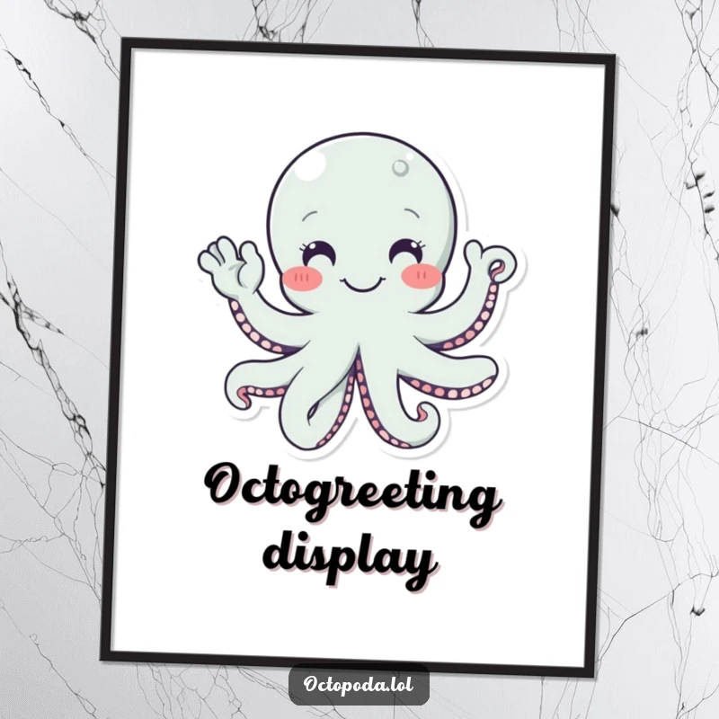 Funny poster of a smiling octopus character with multiple tentacles waving a friendly hello, perfect for welcoming wall decor.