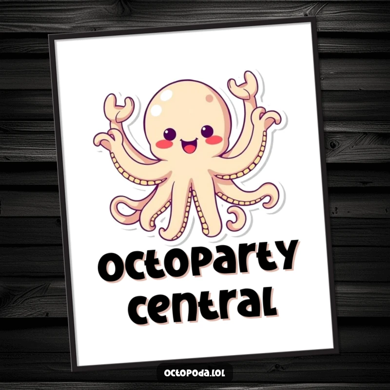 Funny Poster: A kawaii octopus energetically waving all eight arms, a humorous and delightful wall art piece.